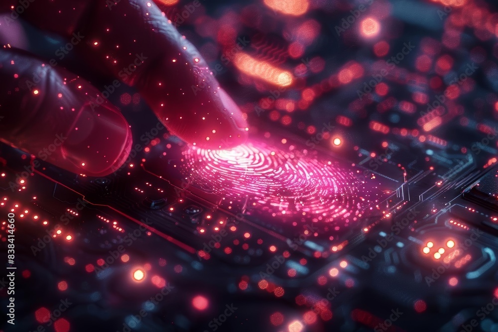 Poster close-up of a fingertip with digital fingerprint scanning on a futuristic, glowing circuit board in 