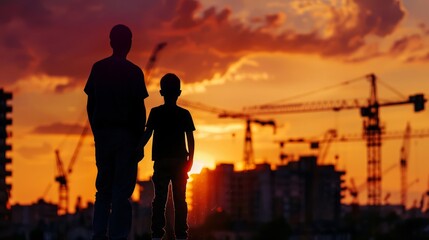 Fototapeta premium Father and son silhouetted against an evening sunset with construction cranes in the background, symbolizing their bond amidst an urban landscape