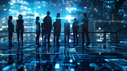 Futuristic systems are employed to manage tasks and foster relationships, building an effective and cohesive team in a modern setting