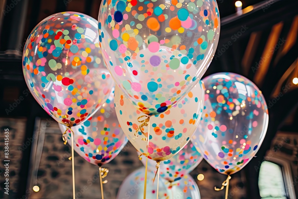 Poster a bunch of balloons with confetti dots on them, a bunch of balloons with confetti dots on them, Confetti-filled balloons creating a vibrant party atmosphere