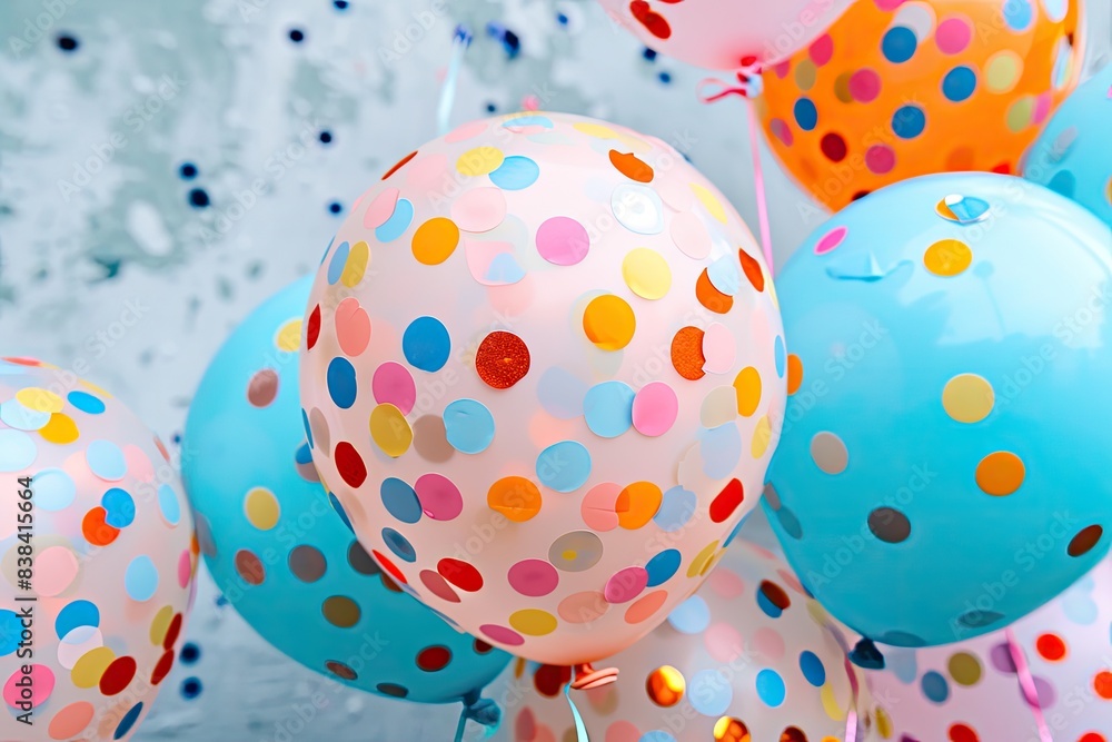 Poster a bunch of balloons with confetti dots on them, a bunch of balloons with confetti dots on them, conf
