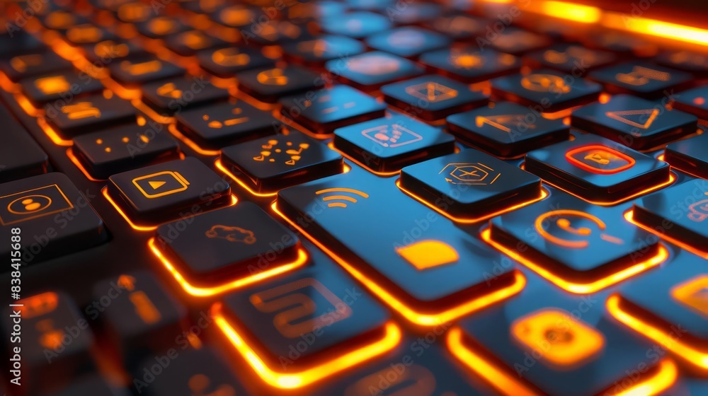 Poster in a futuristic design, a computer keyboard glows with orange light, each key displaying symbols of 