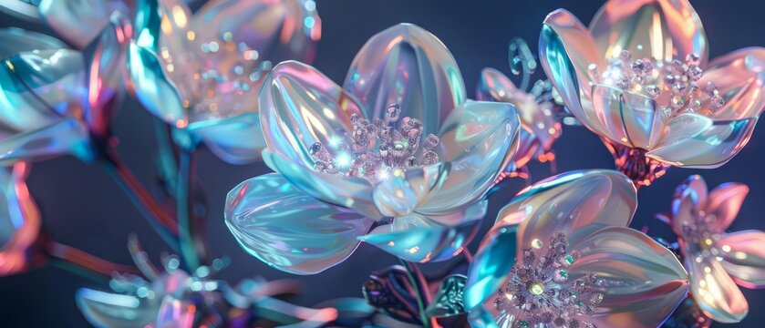 In a futuristic arrangement, a bouquet of flowers features iridescent petals that glimmer like precious jewels