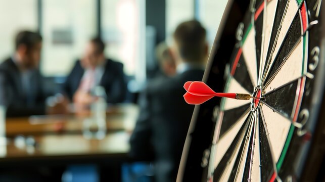 Focused shot of a dartboard with a red dart, with business people in a meeting background. Symbolizing precision, focus, and business strategy.