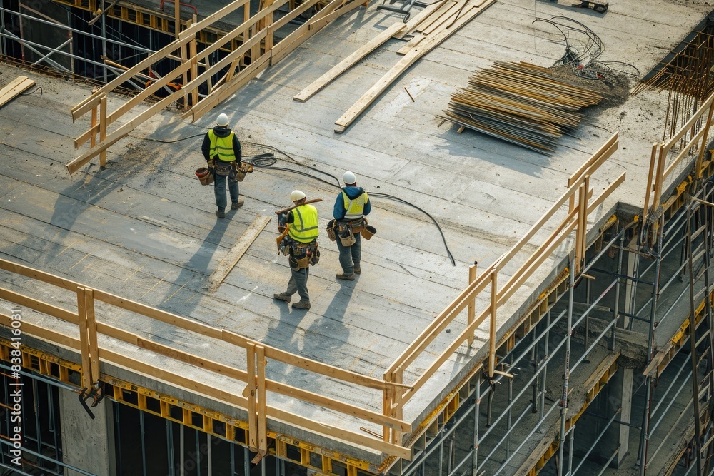 Poster a group of construction workers standing on top of a building, a group of men standing on top of a b