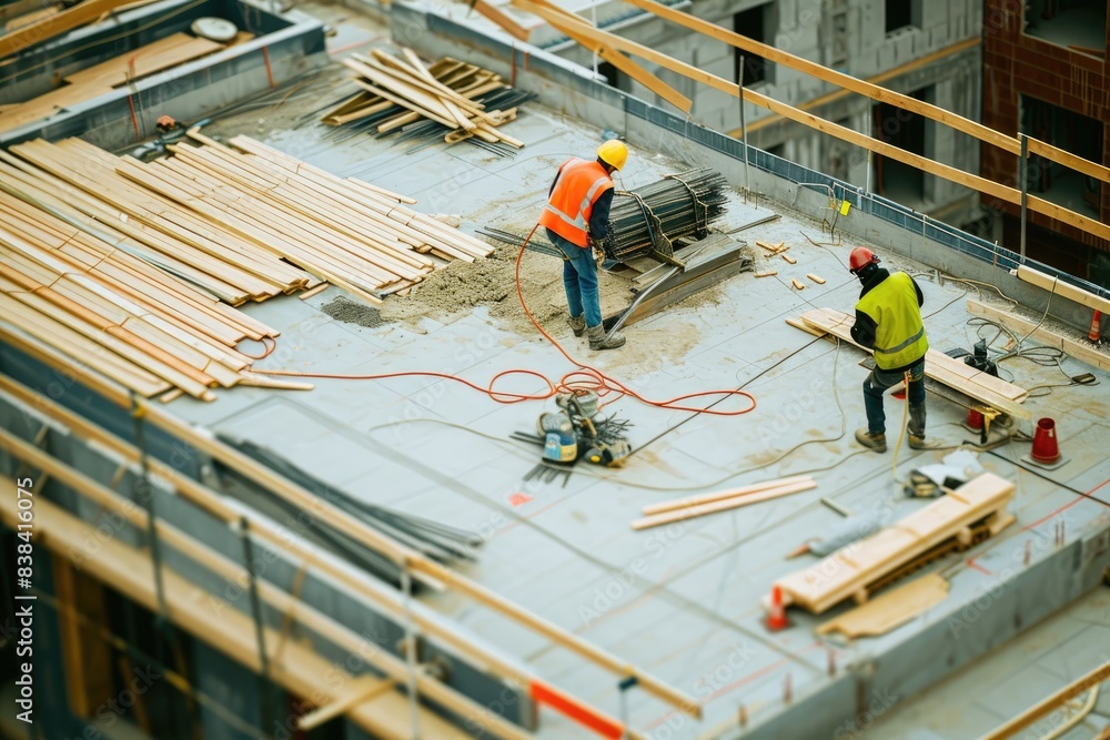 Poster a group of construction workers standing on top of a building, a group of men standing on top of a b