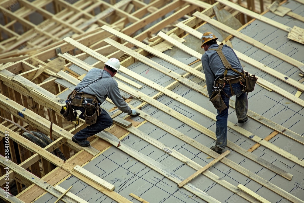 Poster a group of construction workers standing on top of a building, a group of men standing on top of a b