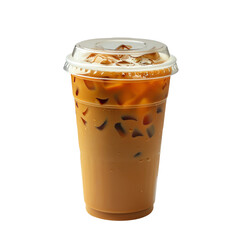 Iced coffee in a clear plastic cup with a lid, filled with ice cubes and creamy brown coffee, isolated on a white background.