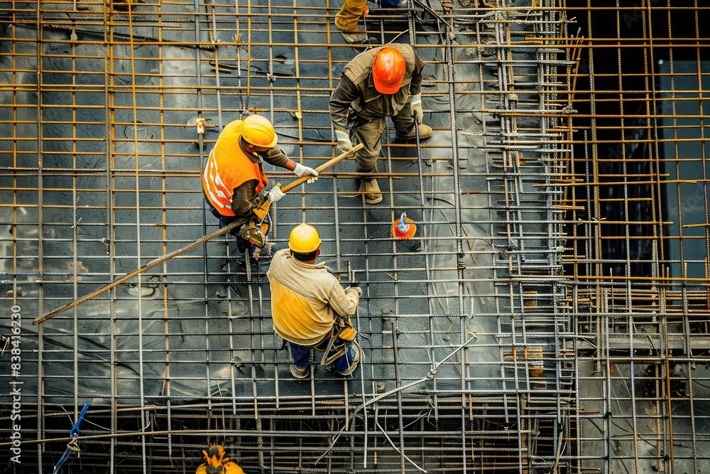 Poster a group of construction workers working on a building, a group of construction workers working on a 