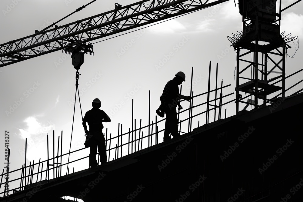 Poster a group of construction workers working on a building, a group of construction workers working on a 