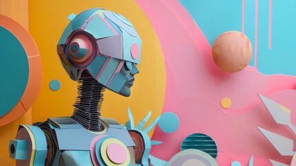 In a stylish, futuristic depiction, a robot comes to life through a trendy paper collage design, merging modern art techniques with innovative concepts