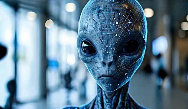 A blue alien with a face and a body made of metal, alien is looking at the camera. World UFO day