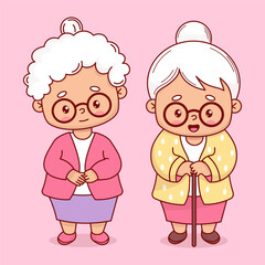 Cute couple elderly gray-haired women grandmothers with stick. Vector illustration. Isolated happy cartoon female character grandma lady.