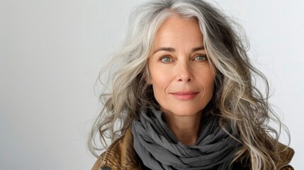 Fototapeta premium A portrait of a woman with long wavy silver hair, wearing a gray scarf, against a white background
