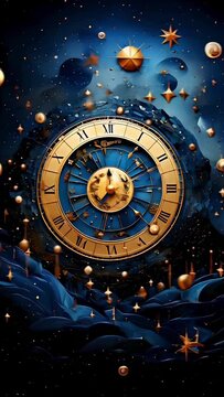 A clock with roman numerals on a blue background.The clock is surrounded by stars and has a gold frame