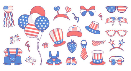 Independence Day USA. Collection festive patriotic clothes, accessories, party decorations, balloon, socks, hat, bow in American flag colors. Isolated vector illustrations for national holiday design
