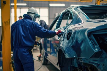 two men working on a car in a garage, two men working on a car in a factory, Craftsmen in a body shop skillfully repairing and repainting damaged vehicles