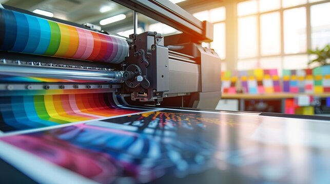 A modern large format printer in an office setting is printing colorful poster paper with sharp focus and vibrant colors. Large format printing machine in operation. Industry.