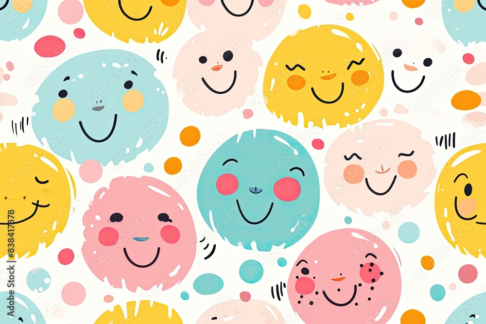Poster a pattern of smiling faces on a white background, a pattern of smiling faces, Cute and cheerful vector backdrop with smiling faces and positive vibes