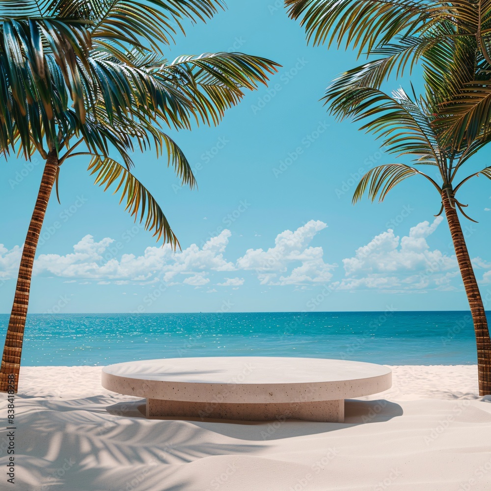 Wall mural display podium on beach with palm trees