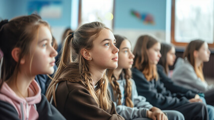 Obraz premium Students sit in the lecture hall, listening to the lecture. A portrait of focused and interested students in the classroom during the lecture.