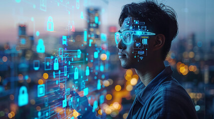 Internet of things, a cybersecurity professional working on securing IoT devices, with digital security icons overlaying, futuristic