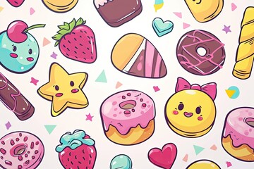 a pink background with a bunch of cupcakes and other desserts, a pink background with a bunch of cupcakes, Cute vector design with kawaii-style elements for a delightful aesthetic