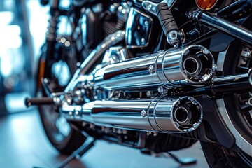 a close up of a motorcycle with a number of exhaust pipes, a close up of a motorcycle with a lot of chrome pipes, Detailed shots of the engine and exhaust system of a luxury touring motorcycle - Powered by Adobe