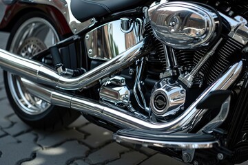 a close up of a motorcycle with a number of exhaust pipes, a close up of a motorcycle with a lot of chrome pipes, Detailed shots of the engine and exhaust system of a luxury touring motorcycle