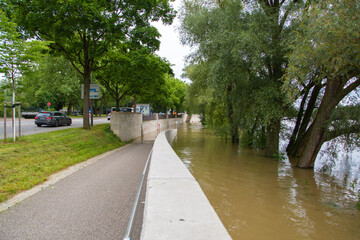 Flood in Ingolstadt, view of a flooded landscape Ingolstadt , Danube, Bavaria, Germany