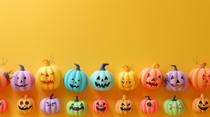 Vibrant Array of Colorful Halloween Pumpkins on Yellow Background in Flat Lay Style Demonstrating Festive Spirit and Seasonal Decor