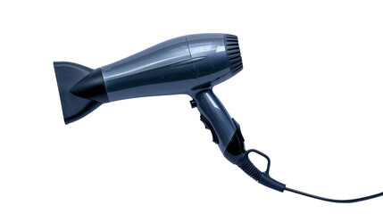 A black hair dryer with a long cord, isolated on a Transparent Background.