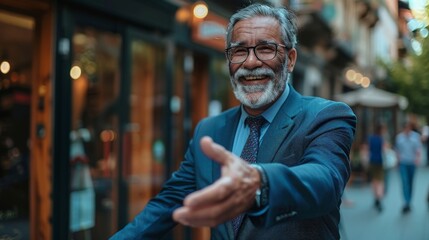 A mature businessman in a blue suit and tie smiles and extends his hand for a handshake while walking down a city street