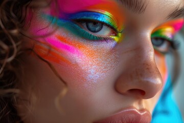 a woman with a colorful face paint and a black eye, a woman with a colorful face paint and a black eye, Emphasize the bold colors and tactile intricacies makeup