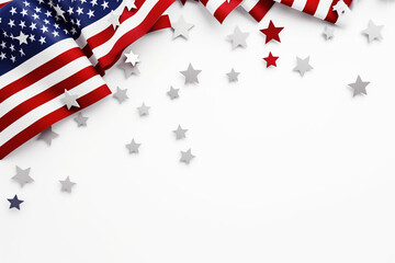 independence day concept banner, flags of the USA, in the middle white space for text