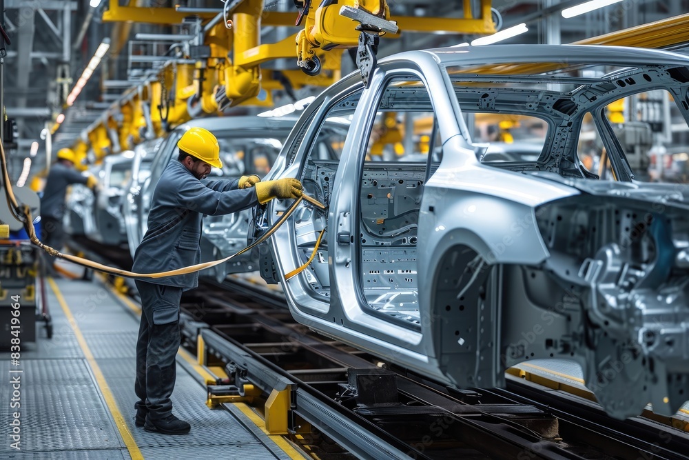Poster a man working on a car in a factory, a man working on a car in a factory, engineers at a car manufac