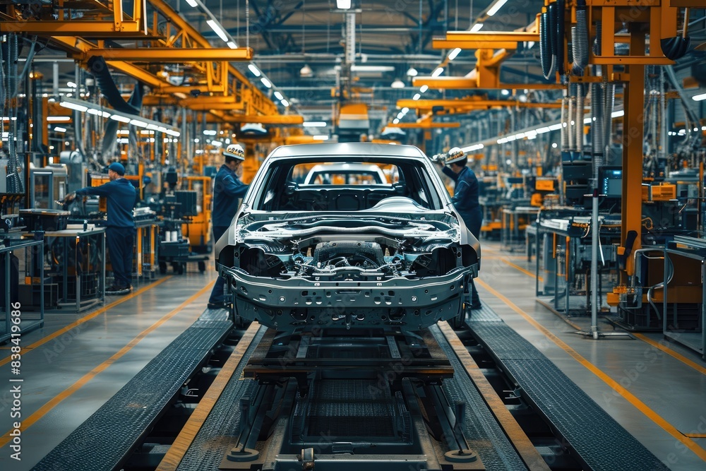Poster a man working on a car in a factory, a man working on a car in a factory, engineers at a car manufac