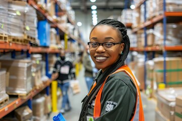 A photo of an African American woman warehouse worker wearing overalls and holding a lanyard, standing in the center of her spacious warehouse