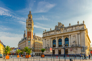 Lille Chamber of Commerce Nouvelle Bourse New Stock Exchange Neo-Flemish style building, Opera de Lille theatre neo-classical on square in historical city center, French Flanders, Northern France