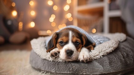 A beagle puppy rests comfortably in a cozy bed, surrounded by warm, fuzzy blankets. The puppy is covered in a soft blue blanket, with only its head and paws visible.
