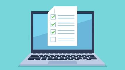 Animation of a laptop with a checklist appearing. The checklist is filled with positive signs. Video clip in flat style.