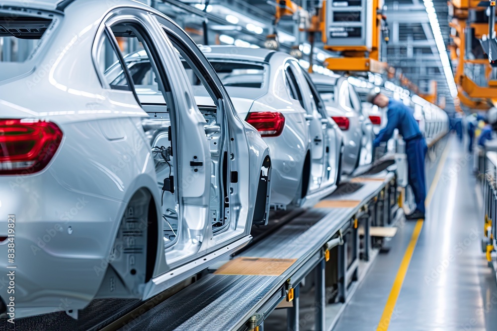 Poster a car being worked on in a factory, a car being worked on in a factory, engineers conducting quality