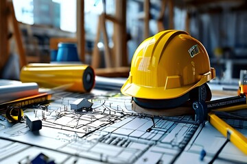 construction helmet and blueprint