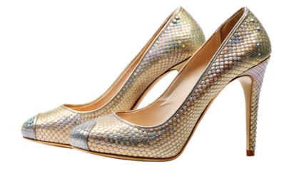 The shoes have a shiny surface with a texture that appears like scales, perhaps mimicking the look of reptile skin