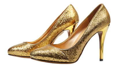 a pair of high heels with a gold glitter coating. These shoes have a pointed toe and are placed in front of a white background
