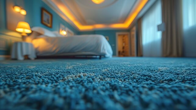 Worn-out, stained carpet in a neglected hotel room. 