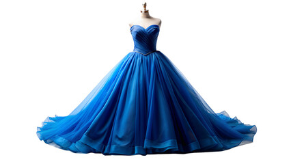 royal blue dress stacked ball gown, strapless, with fitted bodice and floor-length skirt made of layers of tulle or similar material