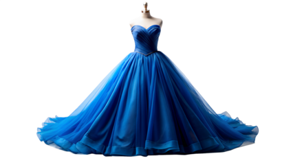royal blue dress stacked ball gown, strapless, with fitted bodice and floor-length skirt made of layers of tulle or similar material