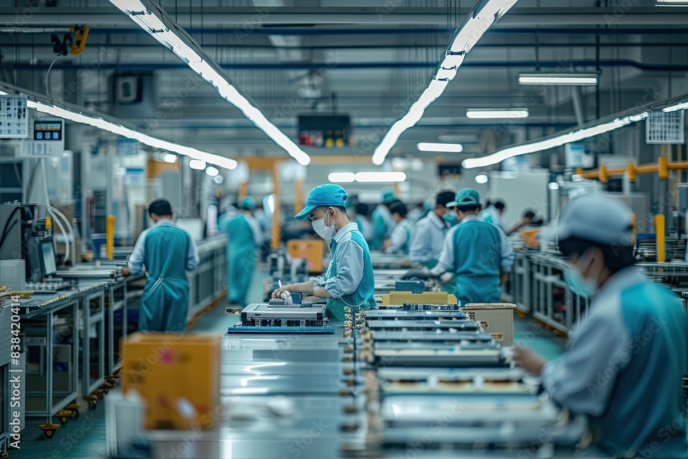 Poster a factory with workers working on electronics, a factory with workers working on electronics, Factory floor with workers packaging electronic devices