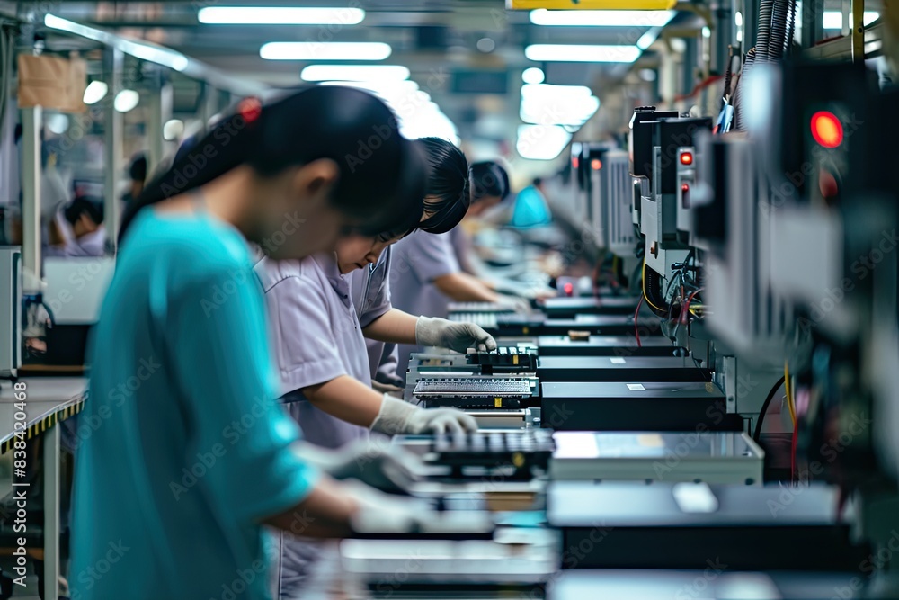 Poster a factory with workers working on electronics, a factory with workers working on electronics, Factory floor with workers packaging electronic devices